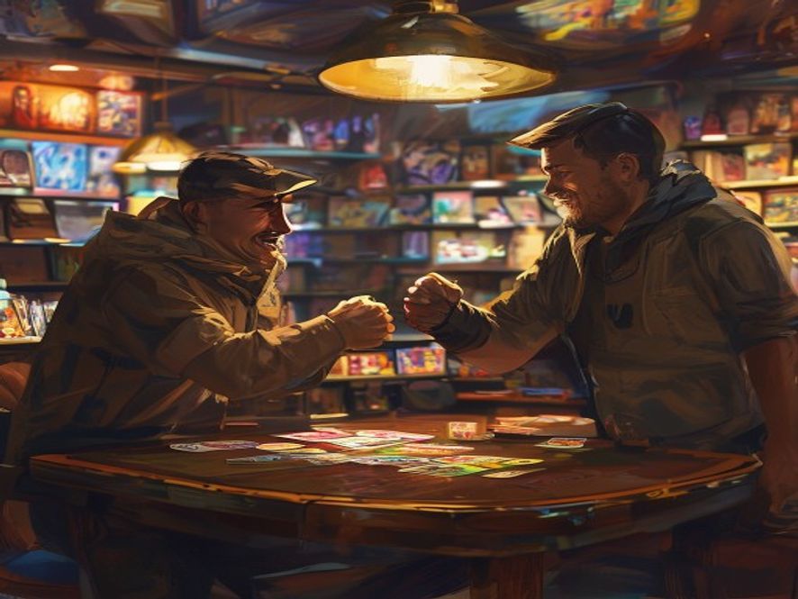 Two players bumping fists over a finished game at a card-shop table
