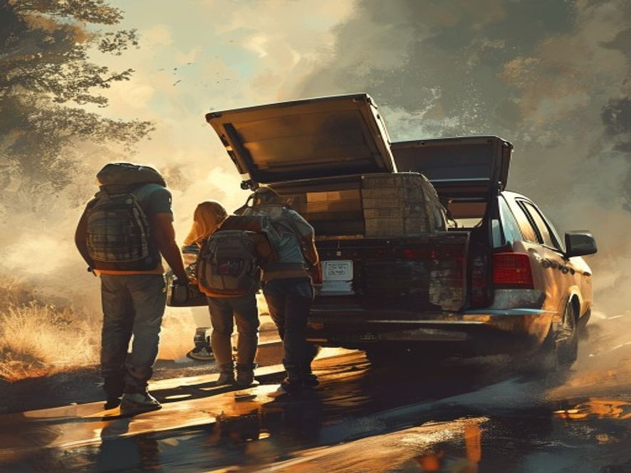 A group of friends loading deck boxes into a car for a road trip