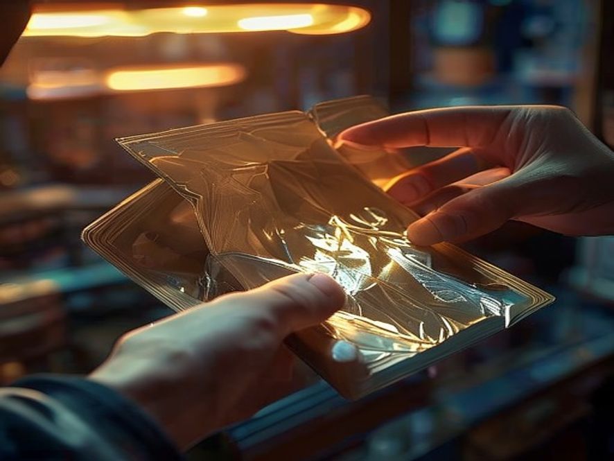 Hands tearing the foil wrapper of a sealed trading-card pack under warm shop lighting.