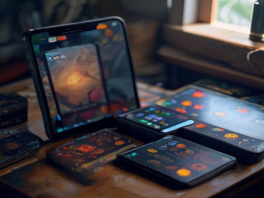 A smartphone propped on a table showing a generic digital card-battle app interface beside a physical deck box.