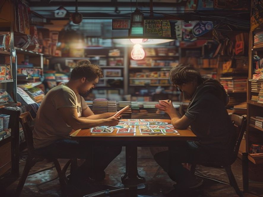 Two players seated across a small table at a hobby shop, each with a playmat and a fanned hand of cards.