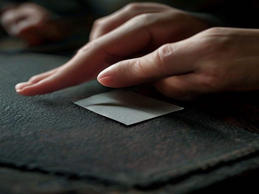 Close-up of hands sliding a card into a clear protective sleeve over a felt mat.