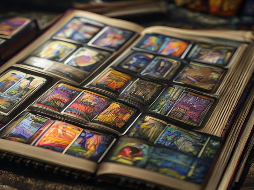An open binder page showing rows of sleeved illustrated cards in protective pockets.