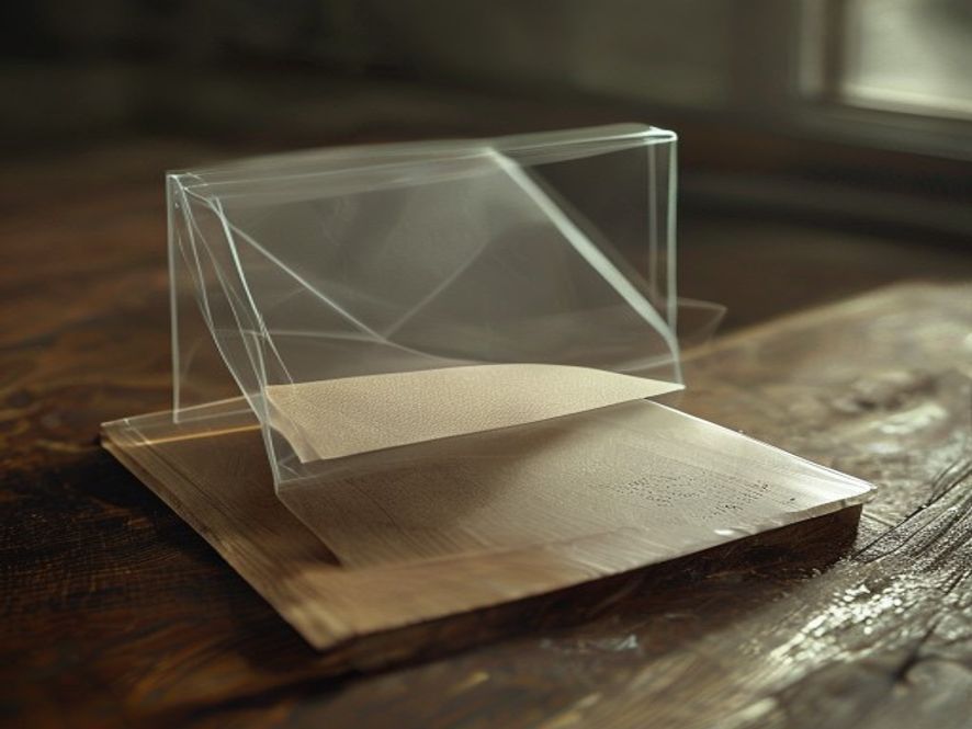 A graded card sealed inside a clear hard plastic display case resting on a wooden surface.