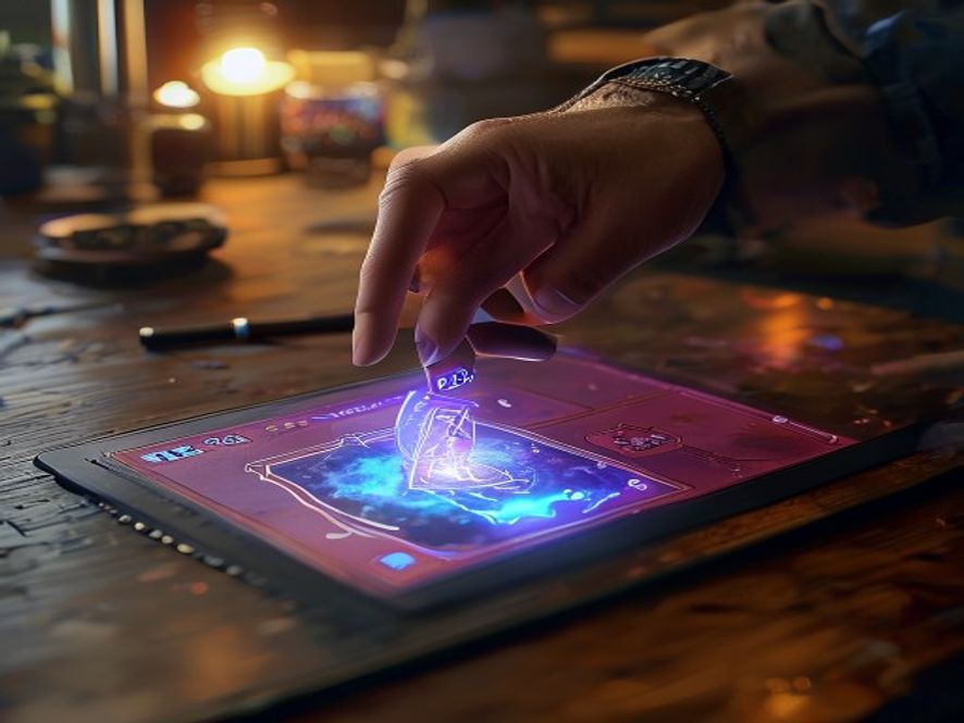 A hand attaching a single energy-type card to an active Pokémon card on a playmat.