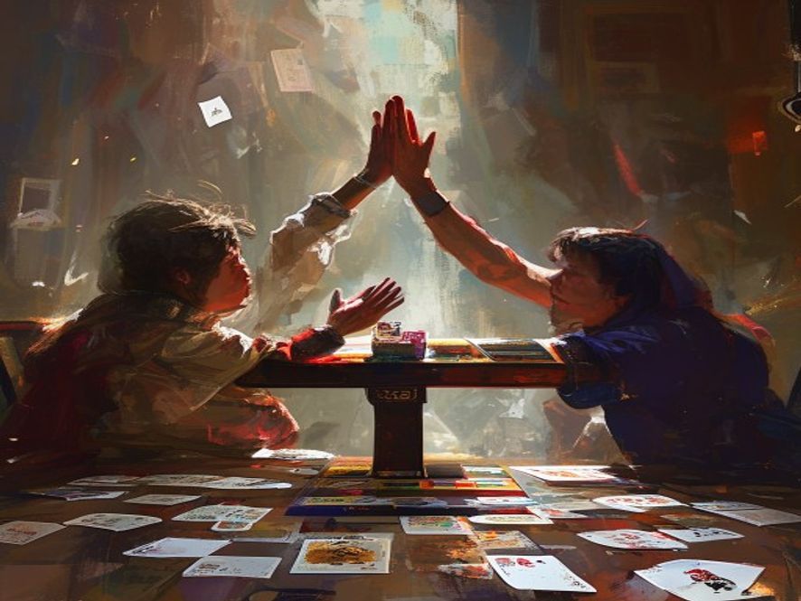 Two players reaching to high-five over a finished game board with cards spread out.