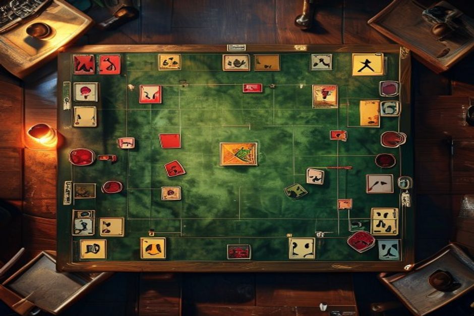 Overhead view of a two-player card-game board mid-match, showing an active card, a bench row, face-down prize cards, energy and damage counters.