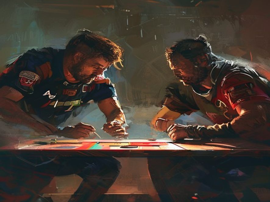 Two competitive players mid-match with a visible match timer on the table.