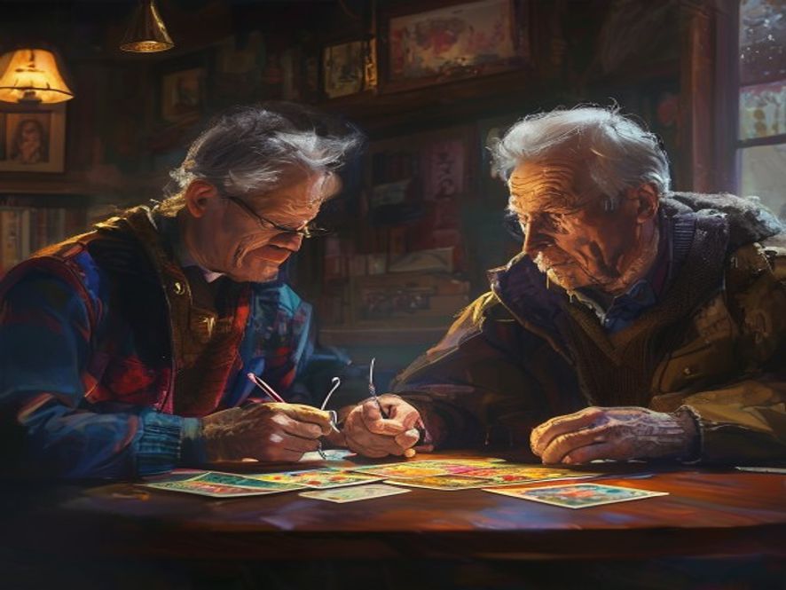 An adult and a young player trading cards across a table, an older player watching to make sure it's fair.