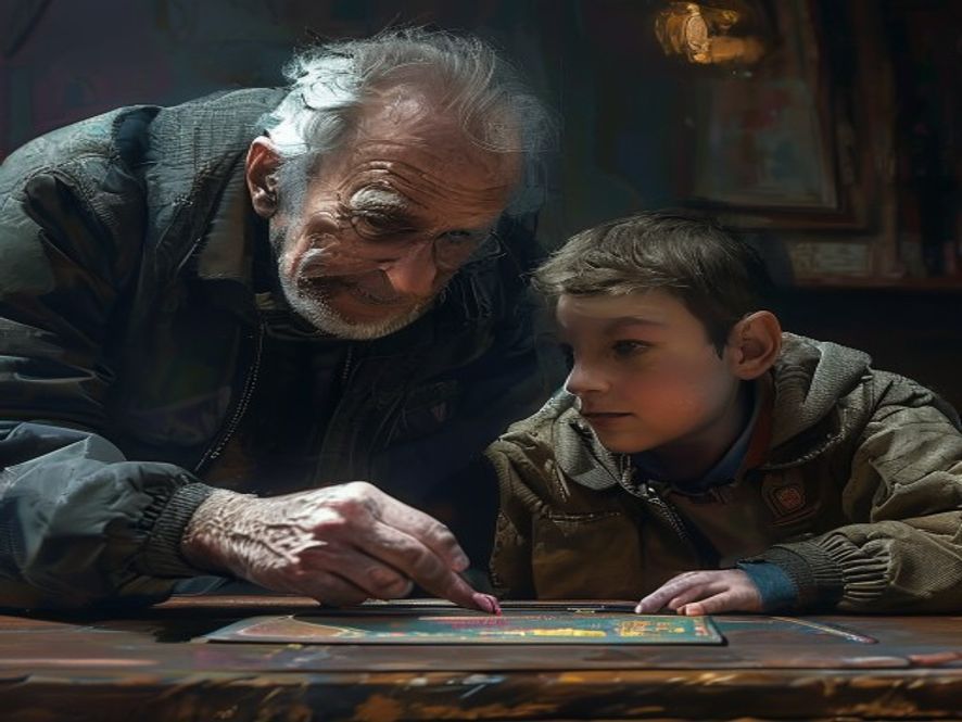 An older player and a young player leaning over a shared deck, the older one pointing something out kindly.