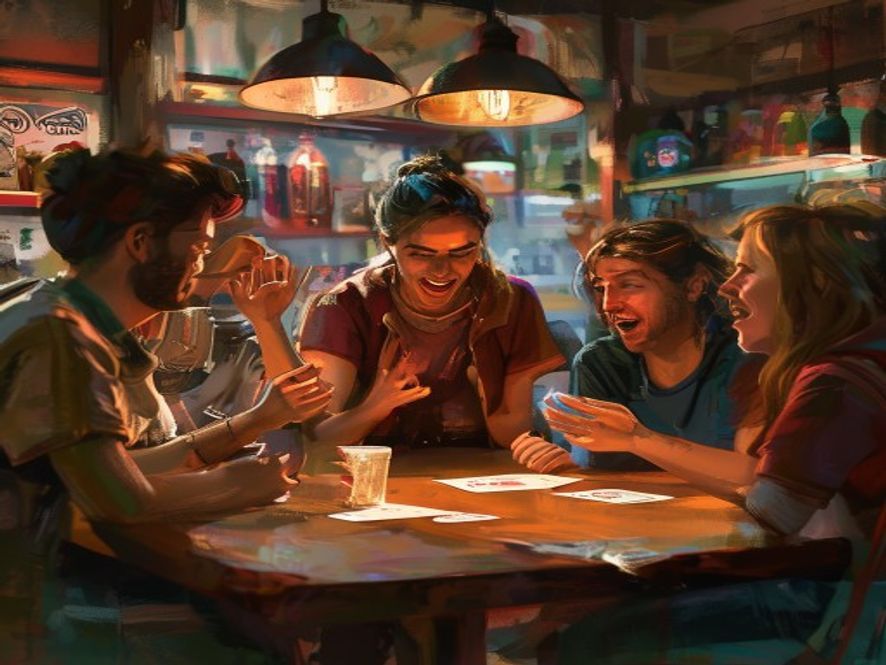 A group of friends at a shop table reacting with raised hands to a card someone just pulled.