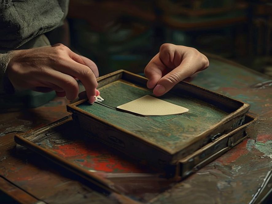 A hand placing a single card into a deck box beside a worn, well-loved playmat.