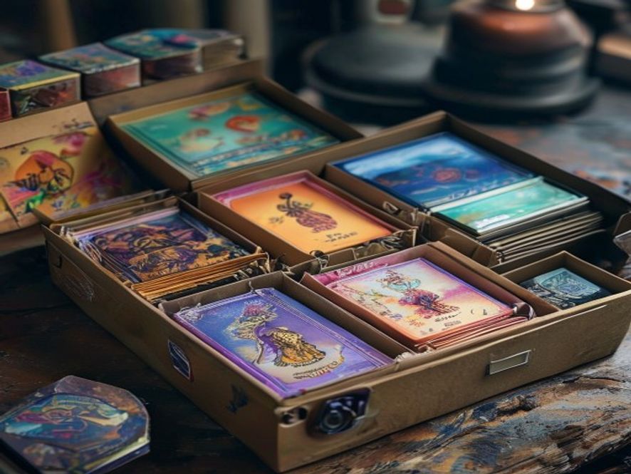 Open starter box showing four shrink-wrapped prebuilt decks, folded paper playmats, and small acrylic figures.
