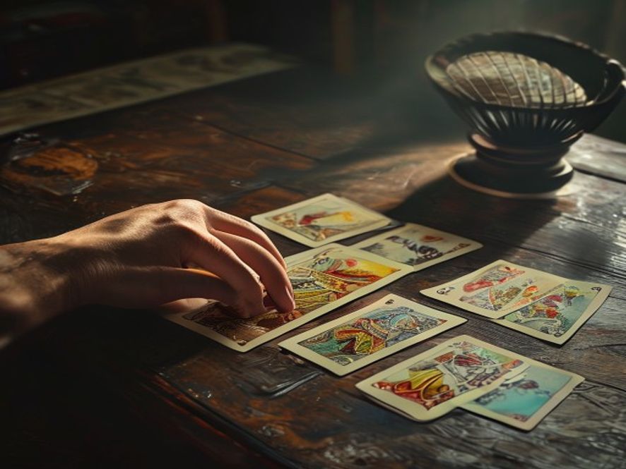 A hand reaching toward a fan of cards spread on a wooden table, choosing one.
