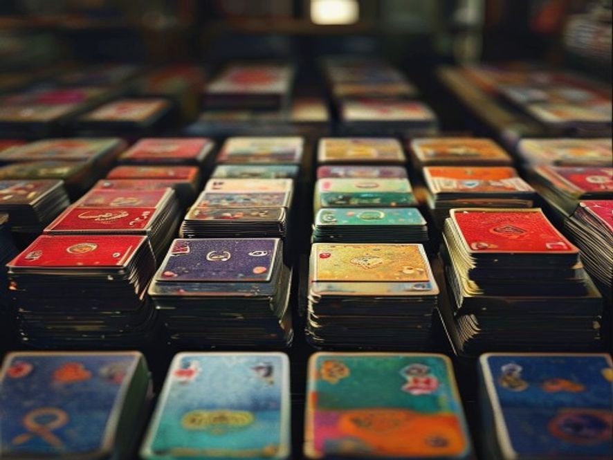 Neat rows of cards sorted by colored backs into six small piles.