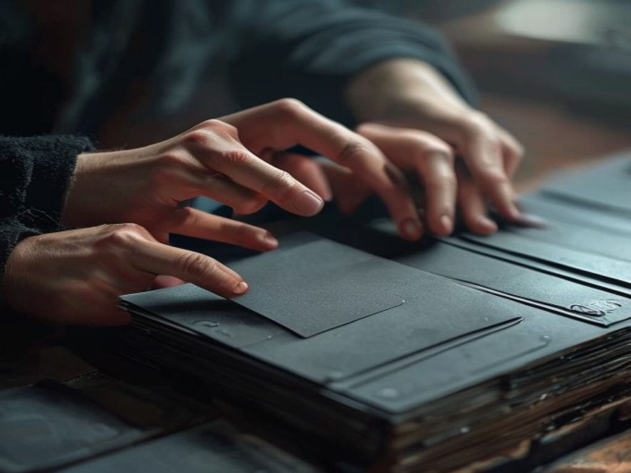 Hands sliding a card into a matte sleeve beside a stack of empty sleeves.