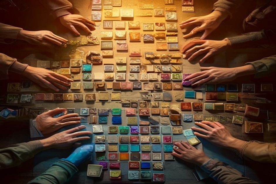 A mid-game tabletop seen from above: rows of sideways and upright resource cards, units pushed toward a central contested lane, two players' hands hovering over a brewing combat.