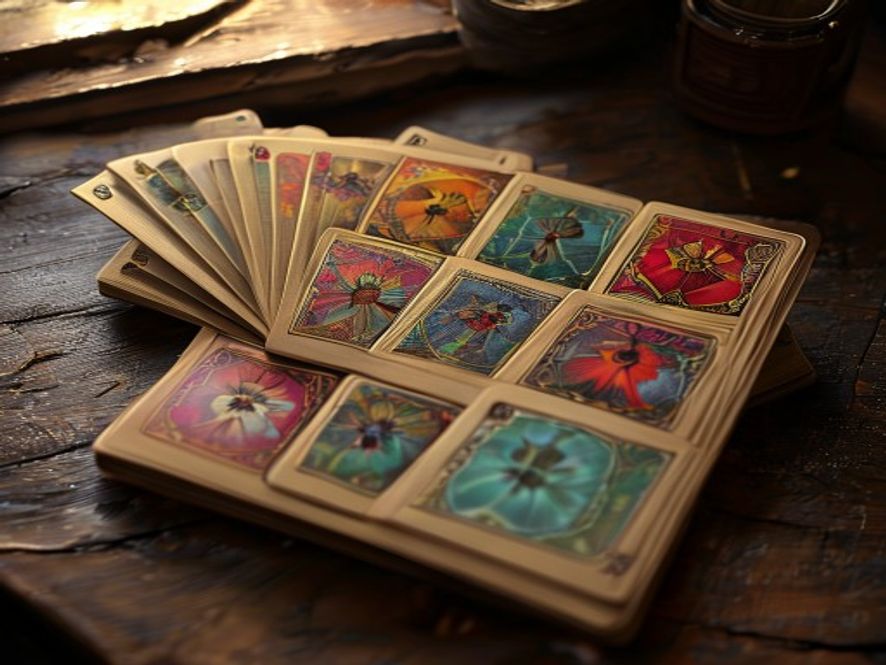 A small fan of eight cards held separately, being considered against a main deck.