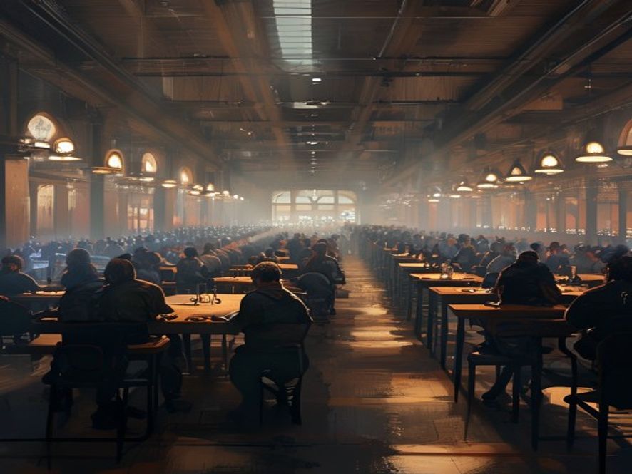 Rows of tables in a large hall with players seated across from each other.