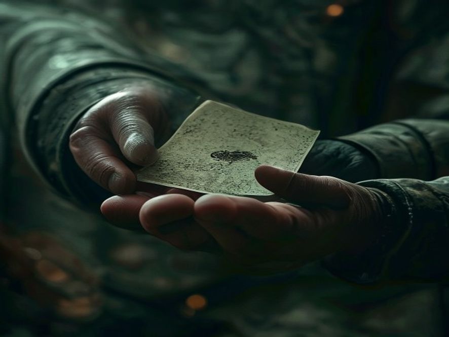 A player's hand hovering, holding a single card back during a tense combat.