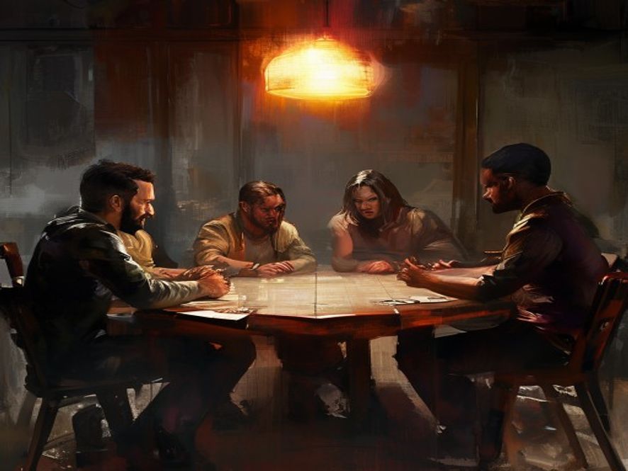 Four players seated around a square table mid-game, leaning in and talking.