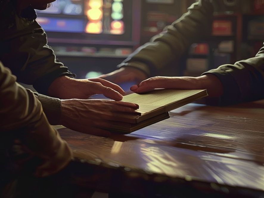 A hand sliding a loaner deck across the table to a new player.