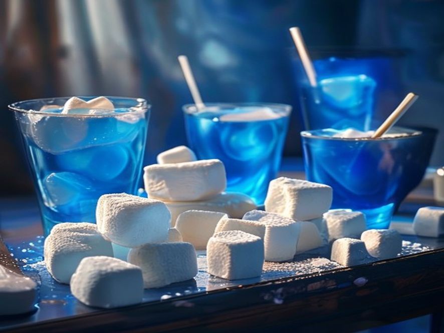 Blue glowing drinks and white marshmallow treats arranged on a side table.