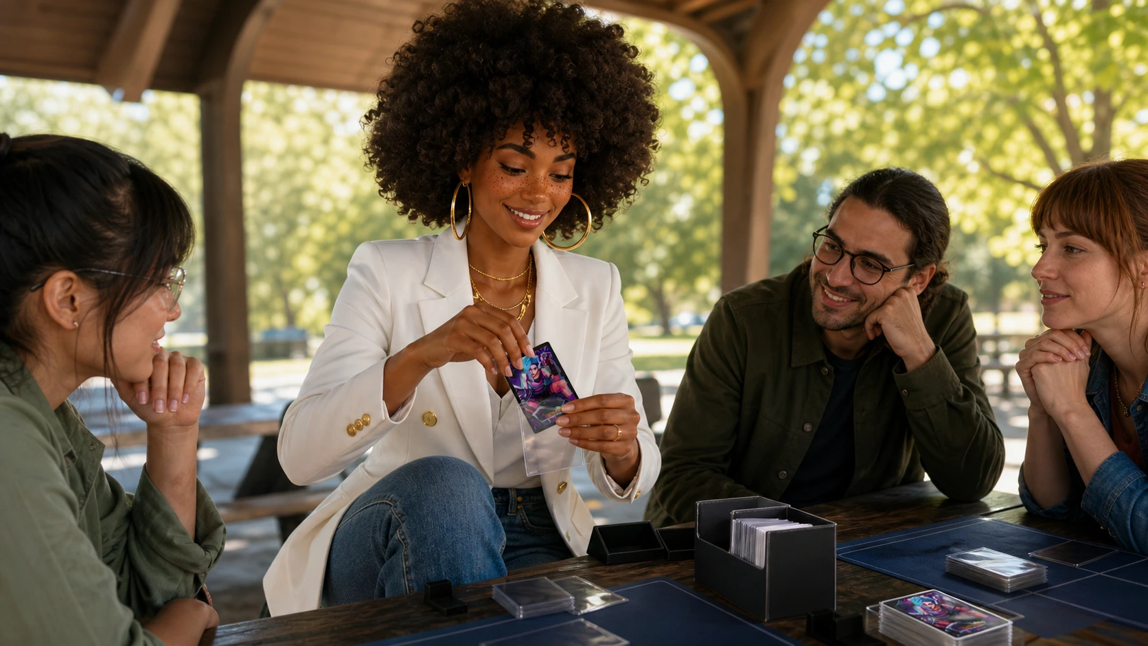 Imani welcomes adult learners at an open-air practice table with Jinx-themed sleeves nearby