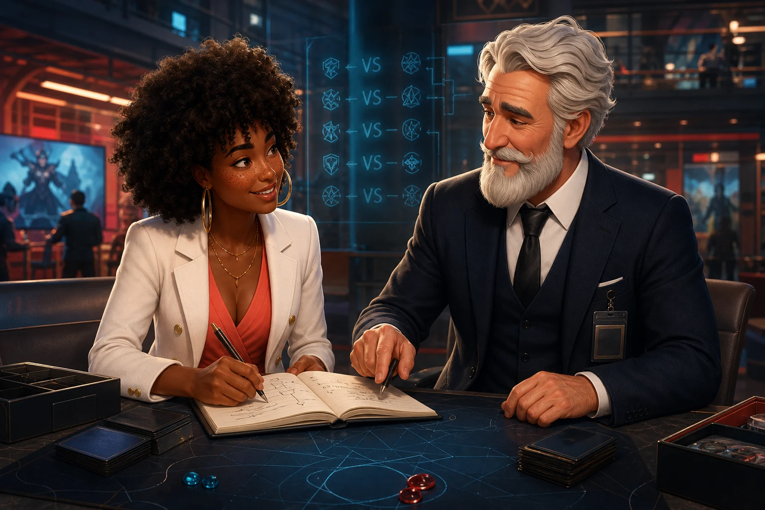 Imani and Robert review a personal matchup notebook between practice rounds.