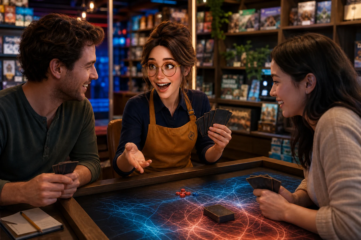 Margo laughs with two adult learners over opaque-backed cards in a welcoming game store.