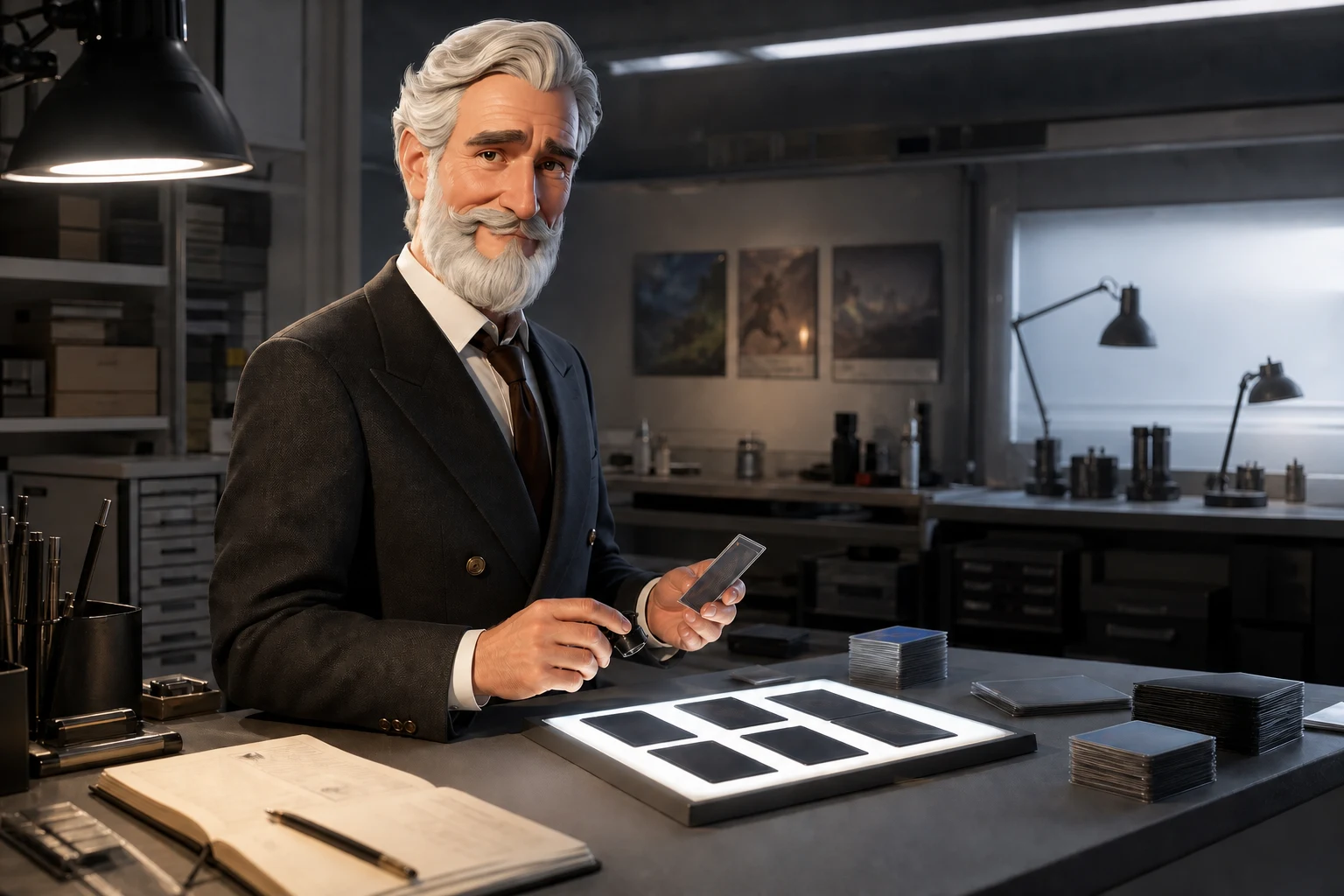 Robert inspects a small sleeved card under neutral task lighting in an illustrated conservation room.