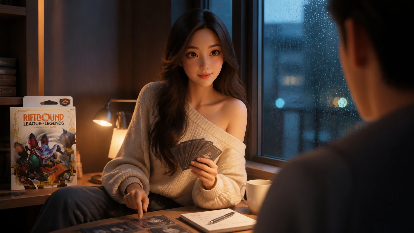 Yumi relaxes beside a rainlit window with the exact Rumble Champion Deck on the ledge
