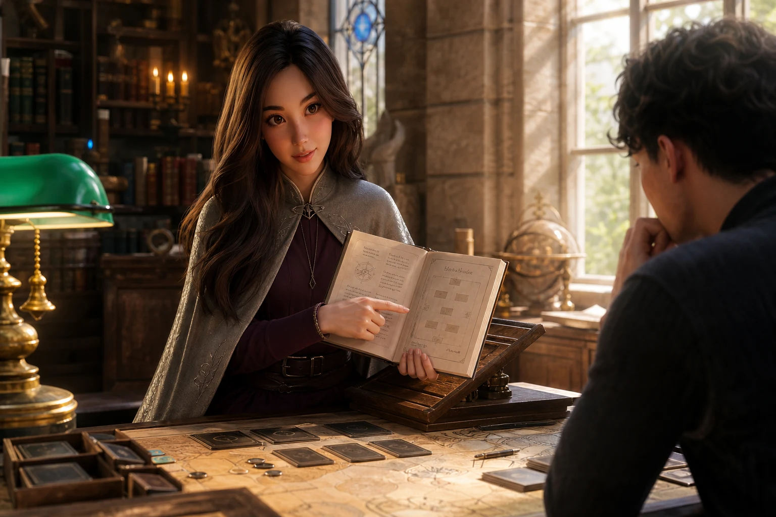 Yumi shares a personal teaching notebook with an adult beginner in a bright stone scriptorium.