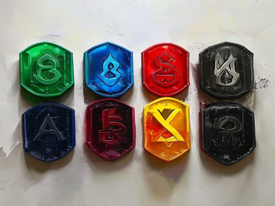 Six colored tokens arranged in a row representing the six deck aspects, blue, green, red, yellow, white, and black.
