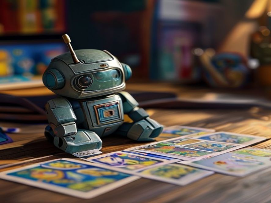 A small power-droid figurine sitting beside a deck of sleeved cards on a playmat.