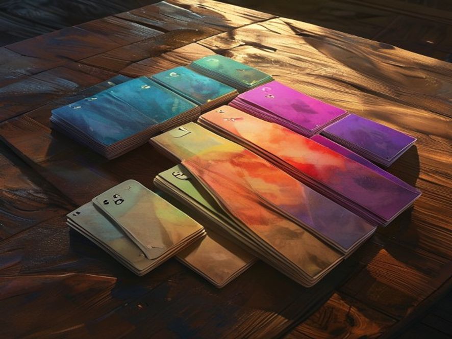 Cards fanned out and sorted into six colored stacks on a wooden table.