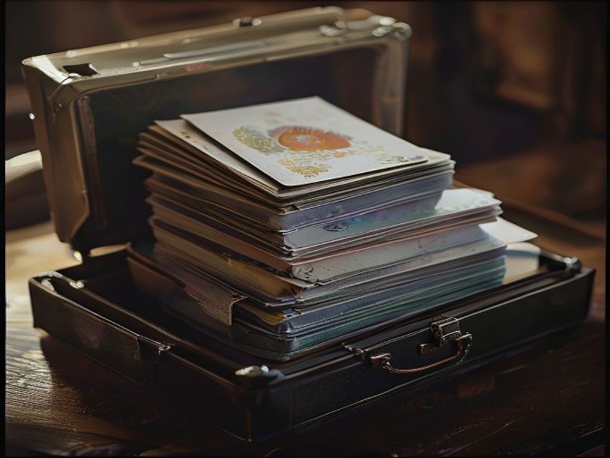 A stack of sleeved cards inside a hard plastic deck box with a separate slot for a leader card.