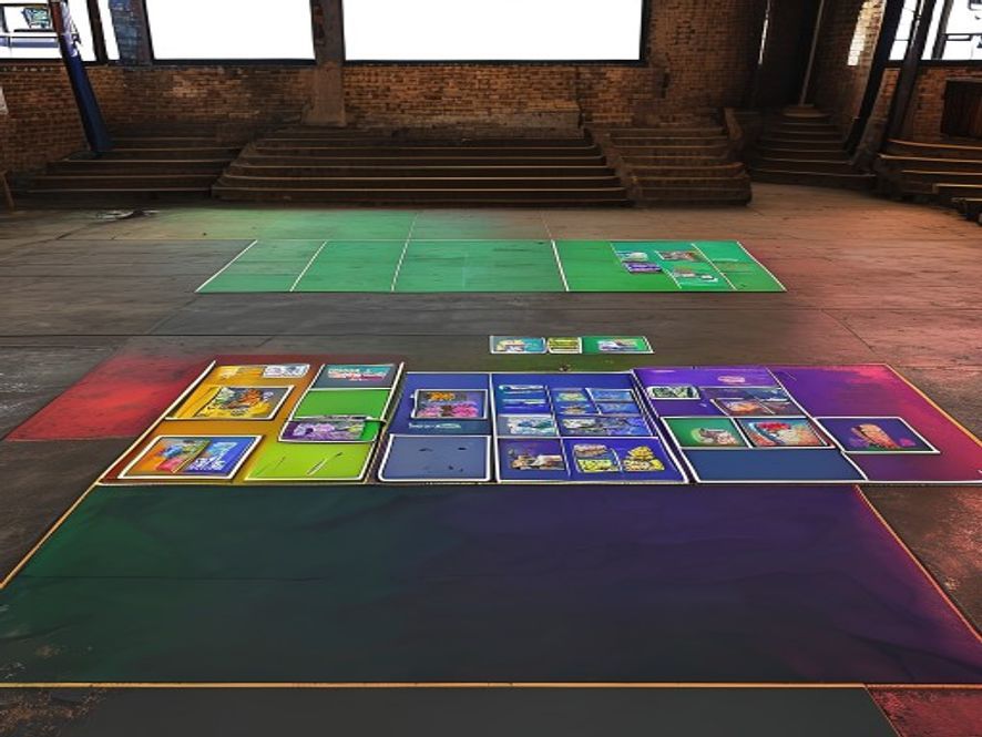 A playmat divided into an upper space arena and a lower ground arena, each holding several unit cards.
