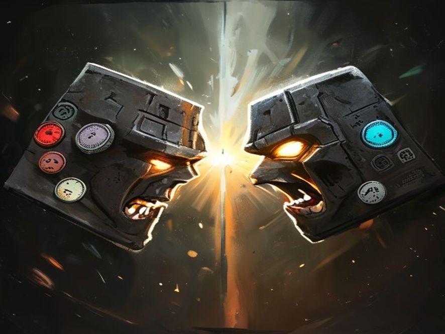 Two opposing unit cards facing each other with damage counters placed on both after combat.