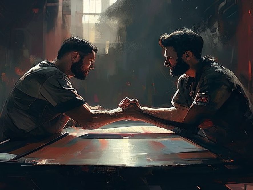 Two players shaking hands across a table at the end of a competitive match.