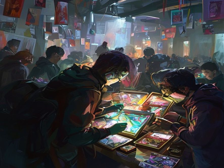 A crowded prerelease event with players opening sealed booster packs and building decks on the spot.
