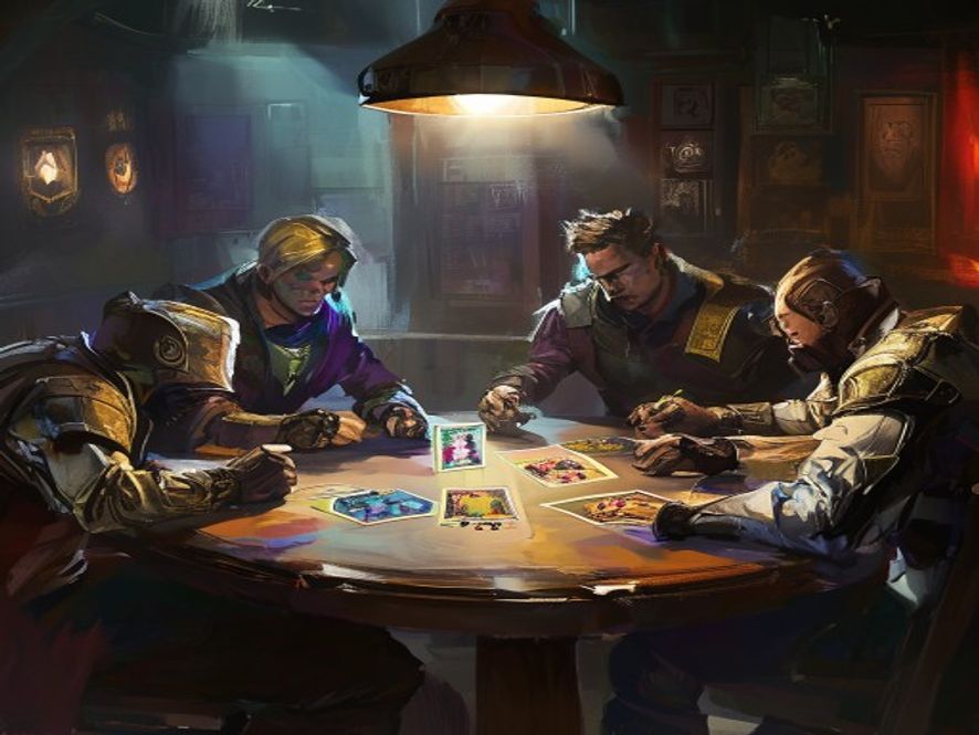 A multiplayer game in progress with four players around a table, each running two leader cards.