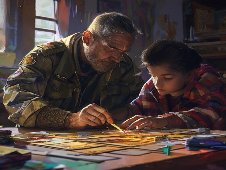 A veteran player teaching a young newcomer how to lay out a starter deck on a playmat.