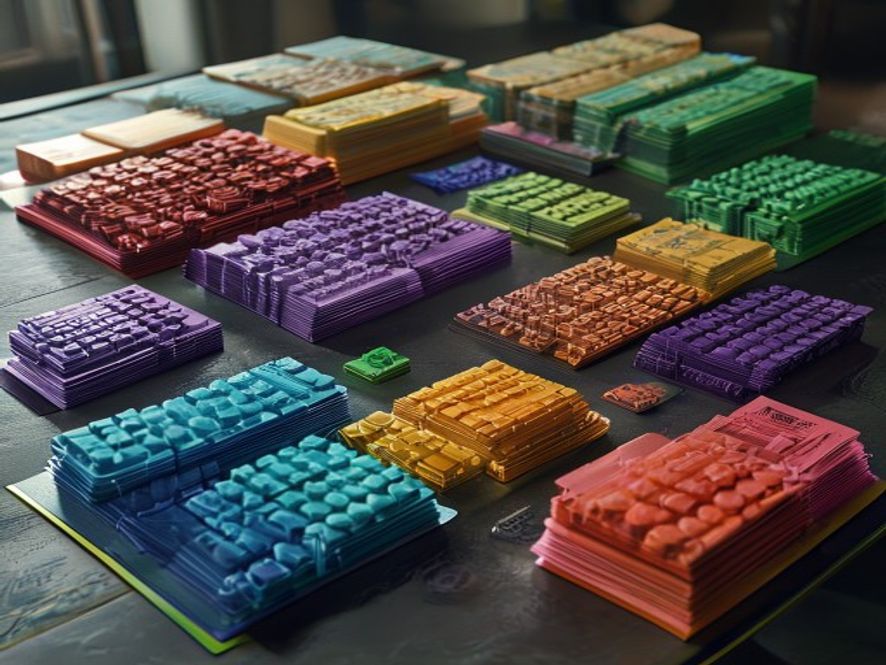 Six faction reference sheets fanned out on a table, each a different color, with stacks of matching plastic units beside them.