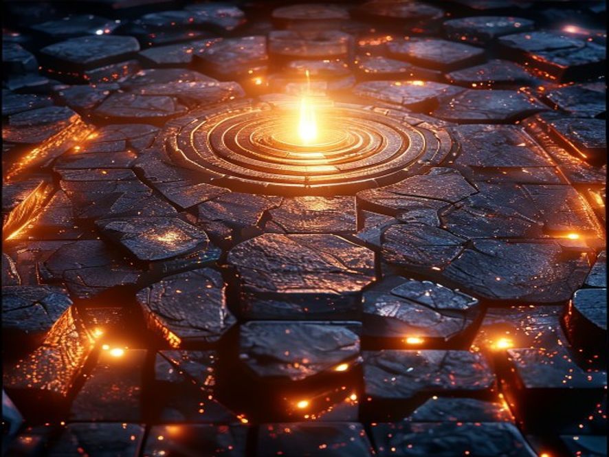 Close-up of a glowing central throne-world tile at the heart of a hex-tile galaxy, surrounded by smaller planet tiles.