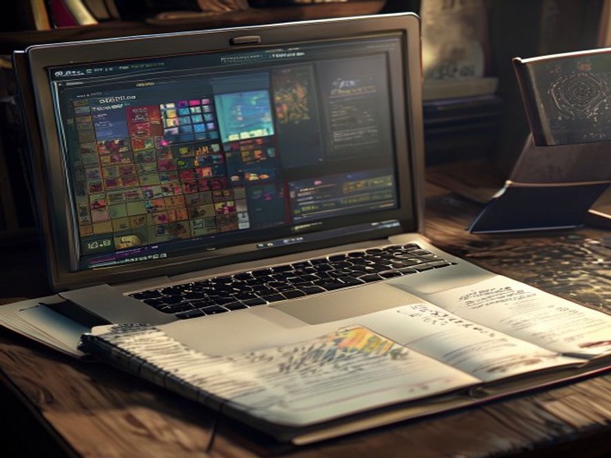 A laptop showing a board-game tutorial video beside an open rules booklet and a notepad.