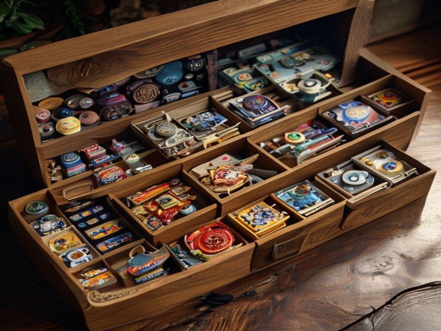 A wooden laser-cut box organizer insert filled with sorted plastic spaceships, command tokens, and stacked cards.