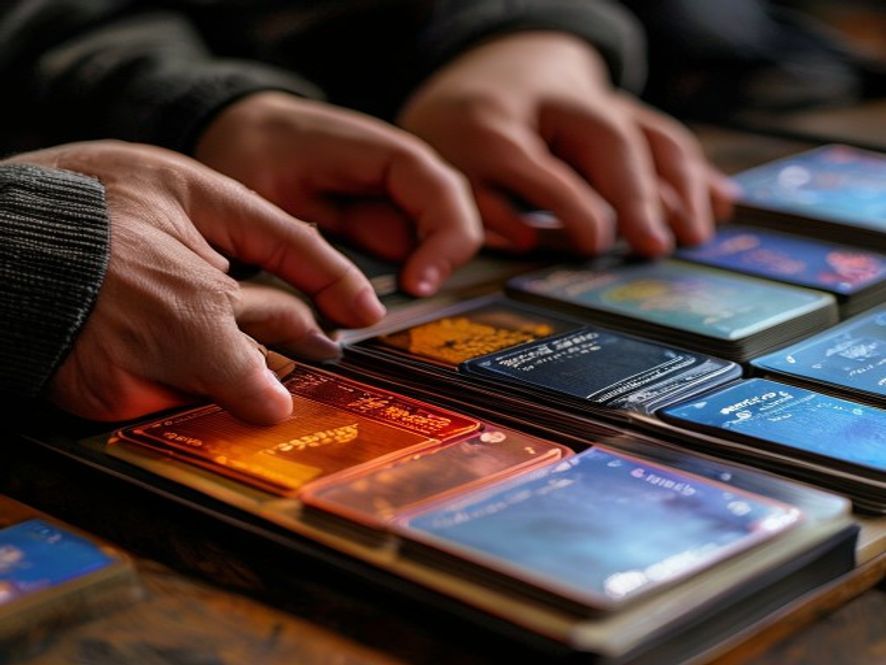 Hands sliding board-game cards into protective sleeves of two different sizes, sorted into neat stacks.