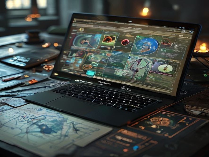 A laptop showing an online snake-draft tool with map slices and faction icons, beside a physical faction sheet.
