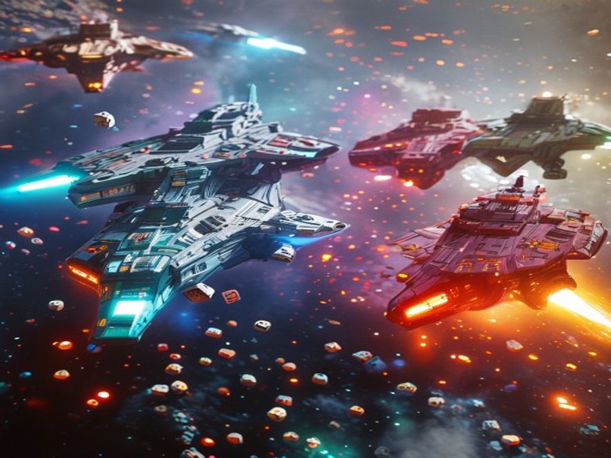 Two opposing fleets of colored plastic spaceships clustered in adjacent hex systems, with a few dice resting between them.